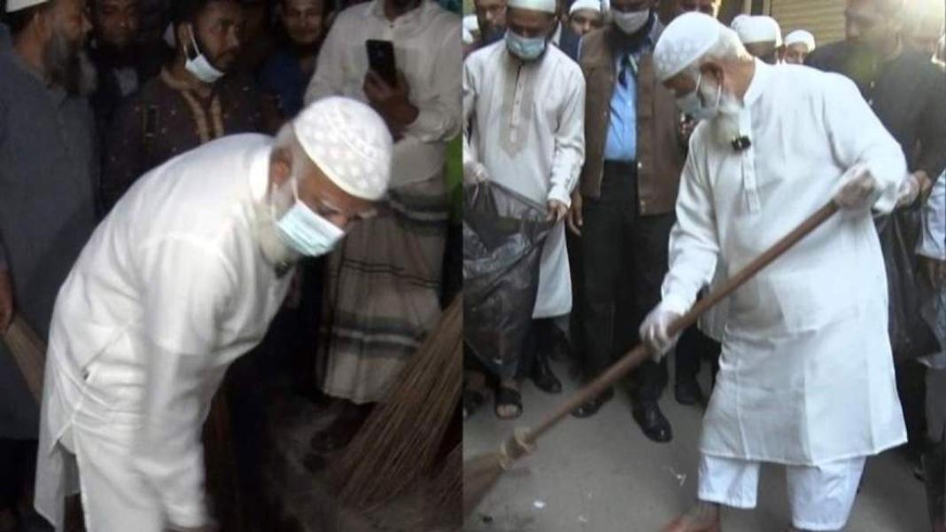 ঝাড়ু নিয়ে রাস্তা পরিষ্কার করলেন জামায়াত আমির